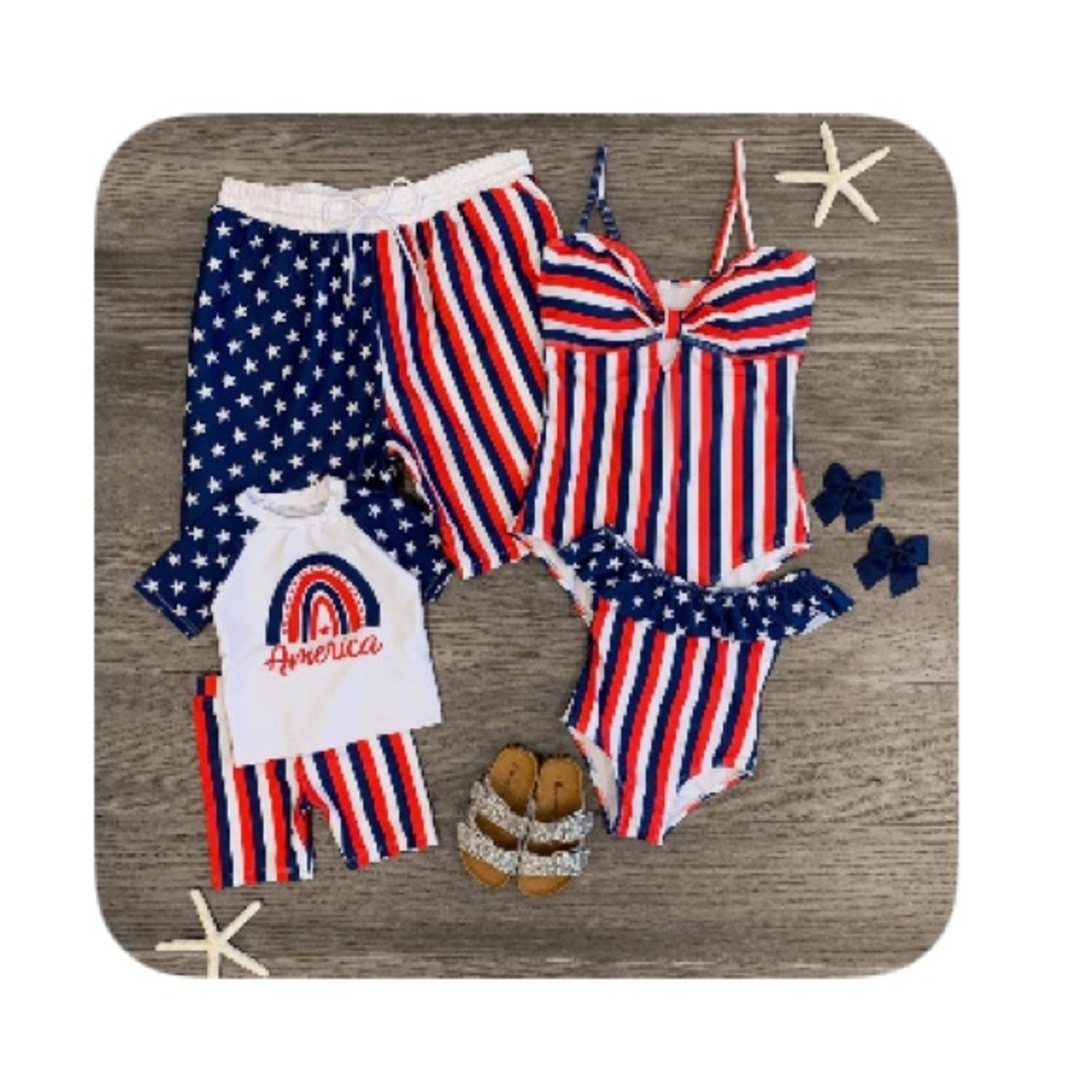 Sparkle In Pink Mens American Flag Swim Shorts- NWT